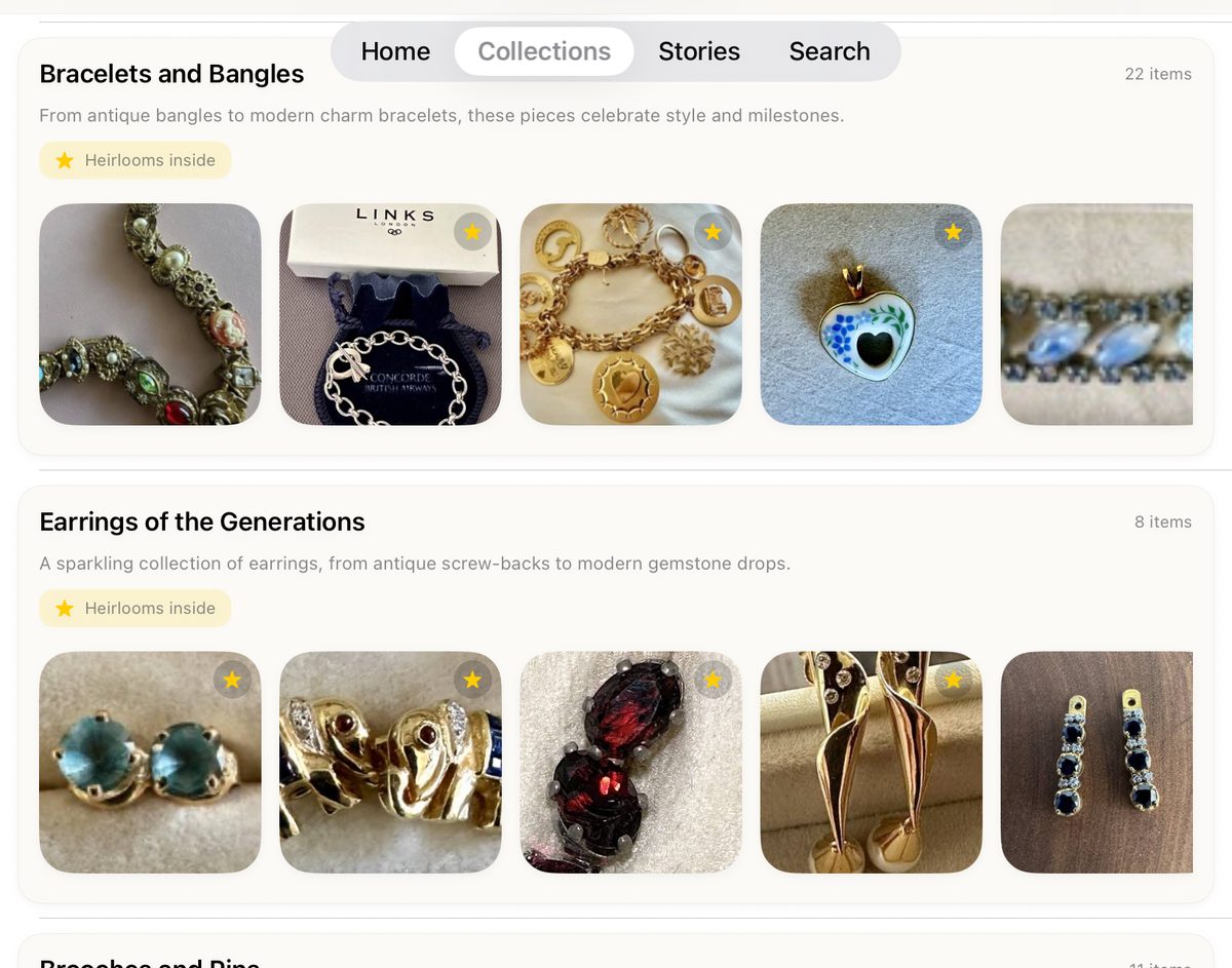 Collections of bracelets, earrings and brooches
