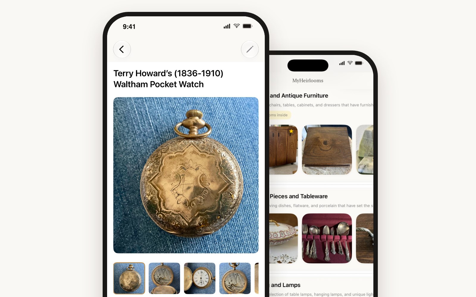 Terry Howard’s (1836–1910) gold pocket watch in MyHeirlooms, marked as an heirloom, with furniture and tableware collections behind it