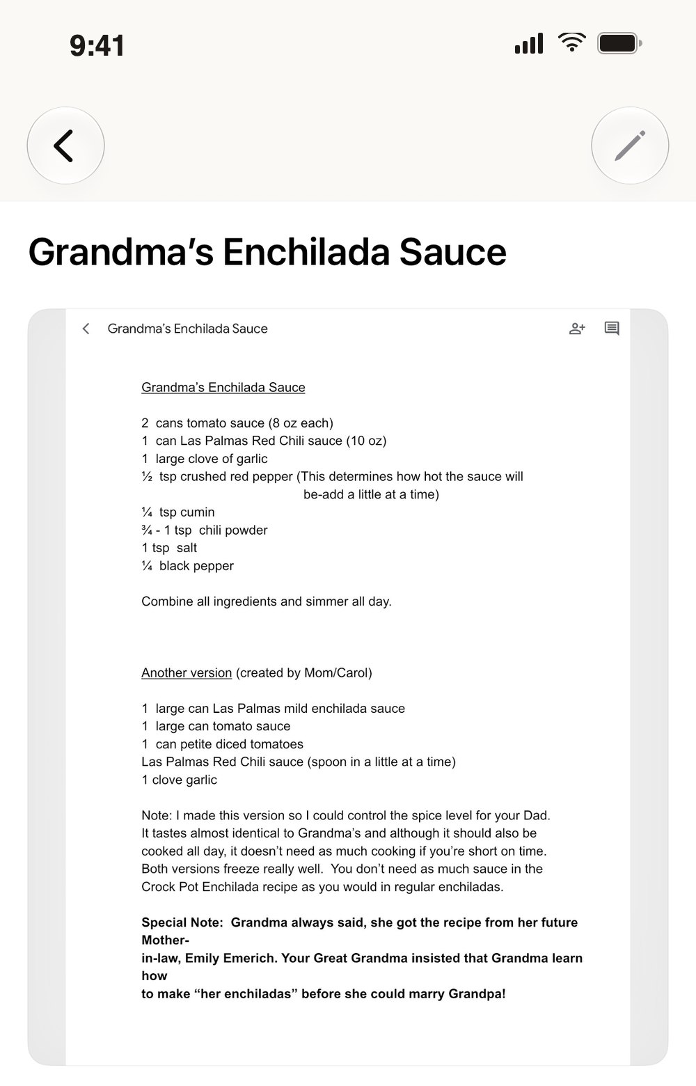 Grandma’s Enchilada Sauce in MyHeirlooms: the written recipe, marked as an heirloom