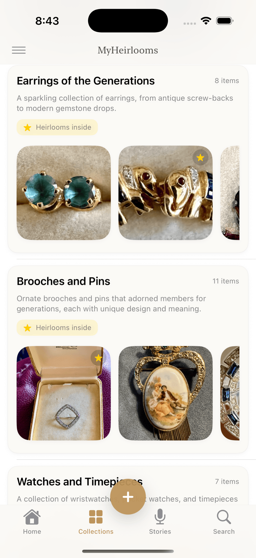 A MyHeirlooms Collections view showing Earrings of the Generations and Brooches and Pins