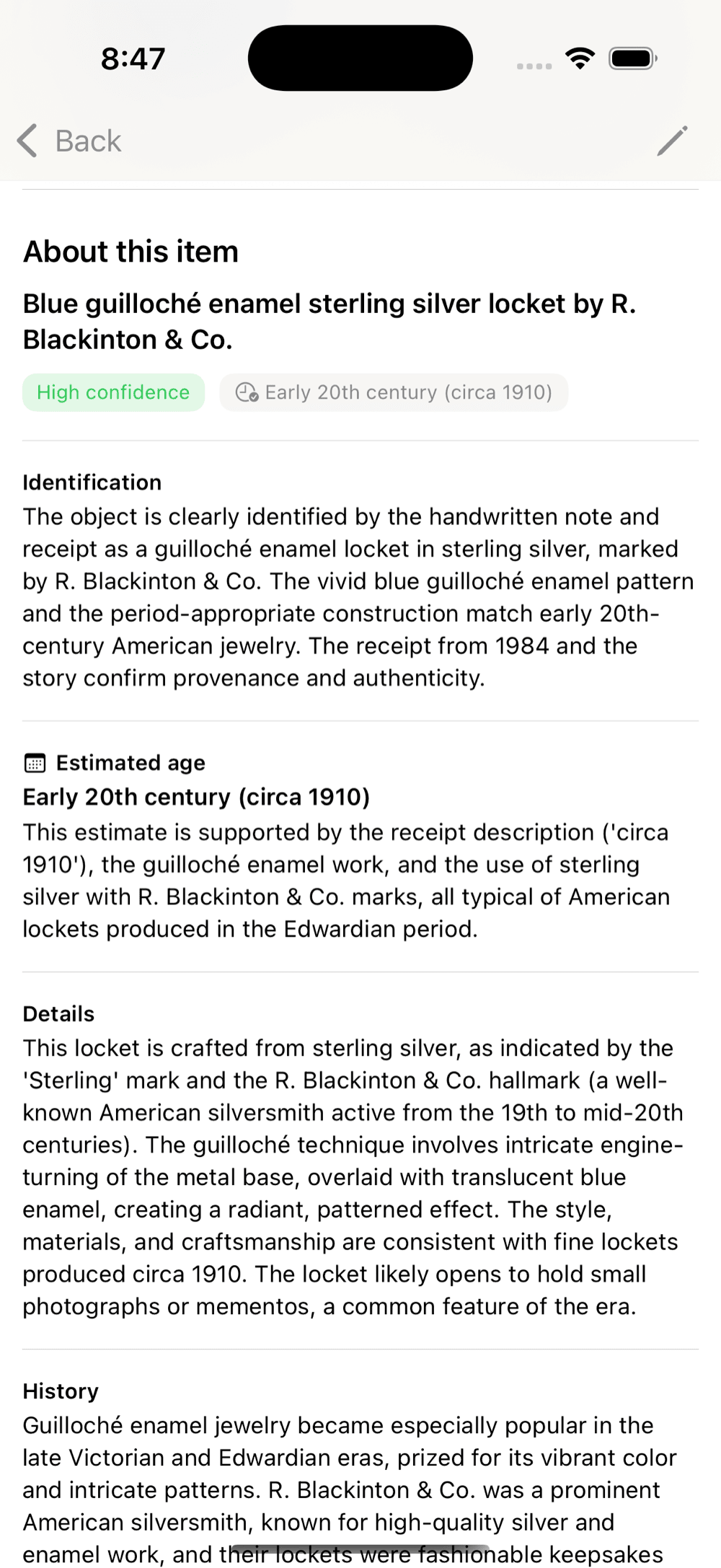 A MyHeirlooms object detail showing identification, estimated age, and history for a sterling silver locket
