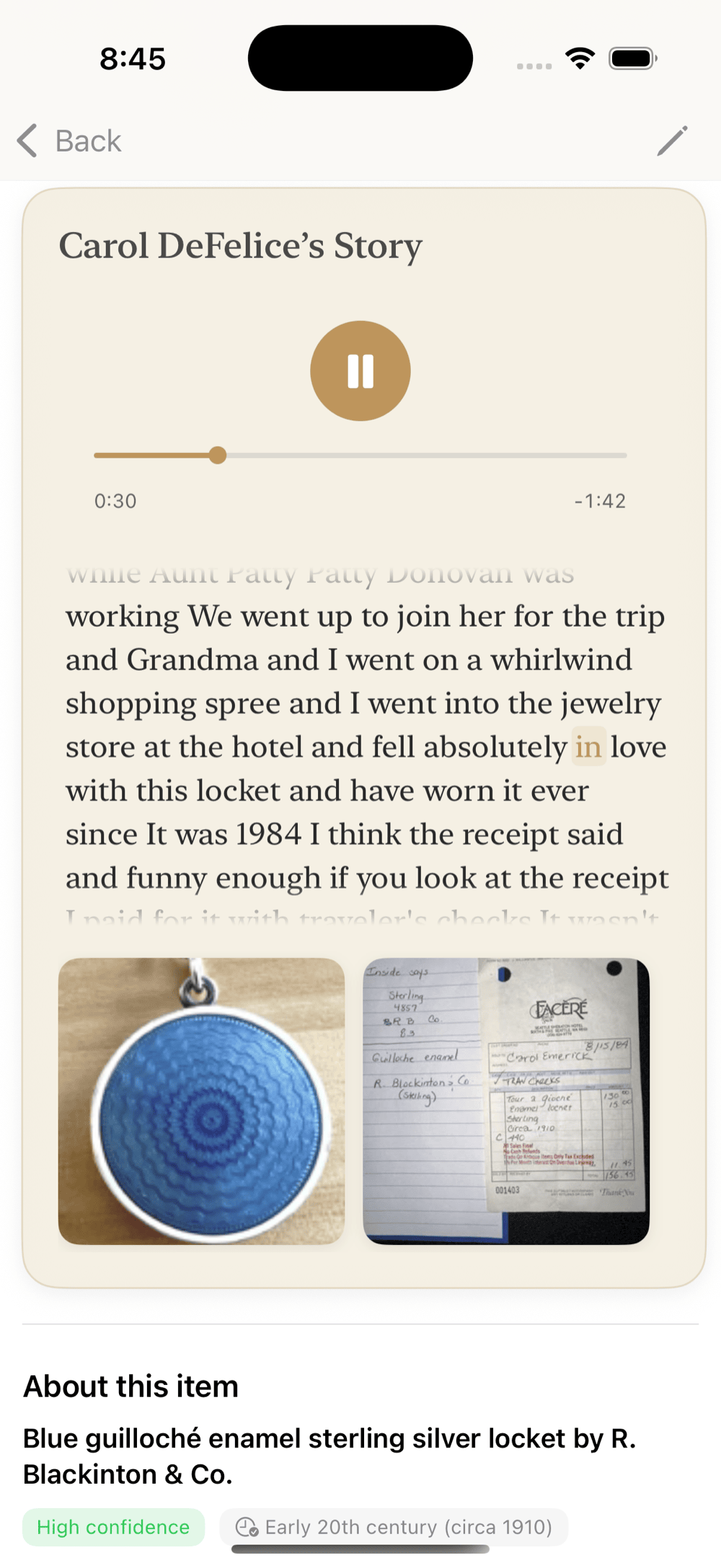 A MyHeirlooms voice story playing back with a synchronized transcript and receipt photos