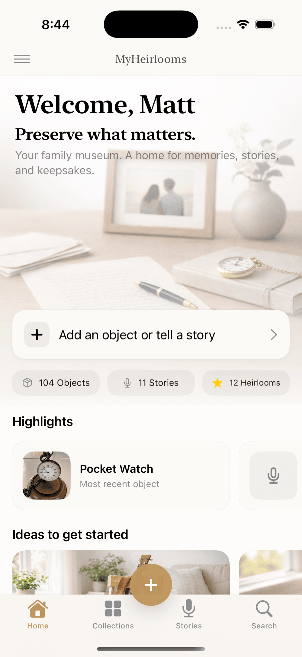 MyHeirlooms home screen with collection stats and a Pocket Watch highlight