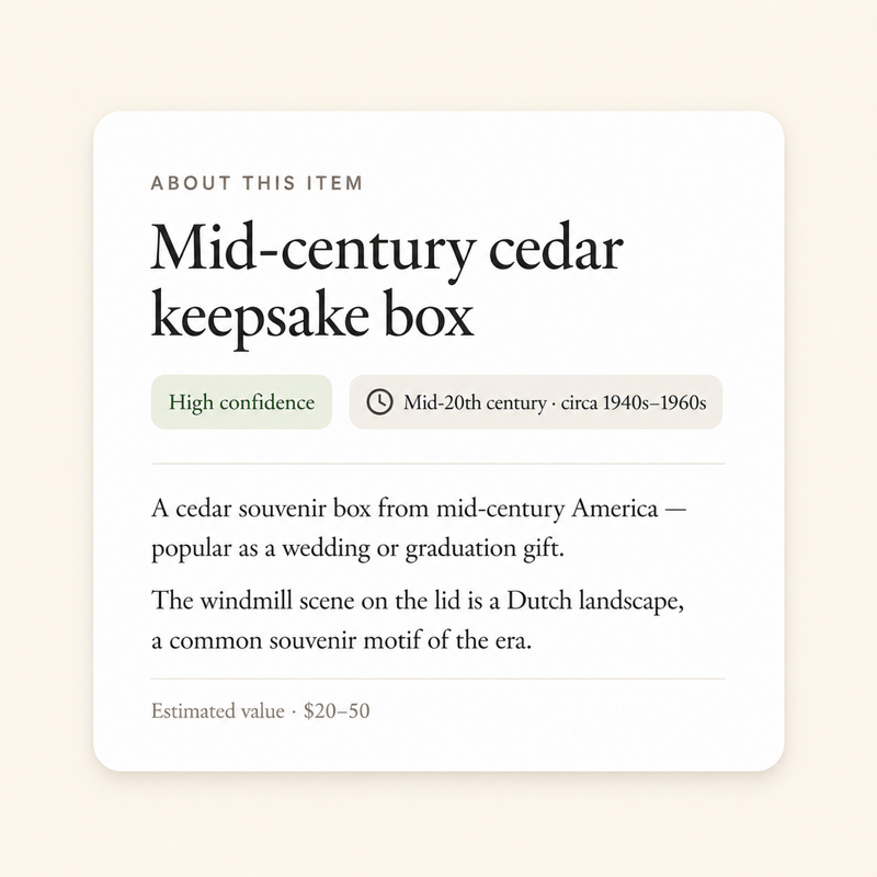 Mid-century cedar keepsake box identification card showing high confidence and circa 1940s–1960s