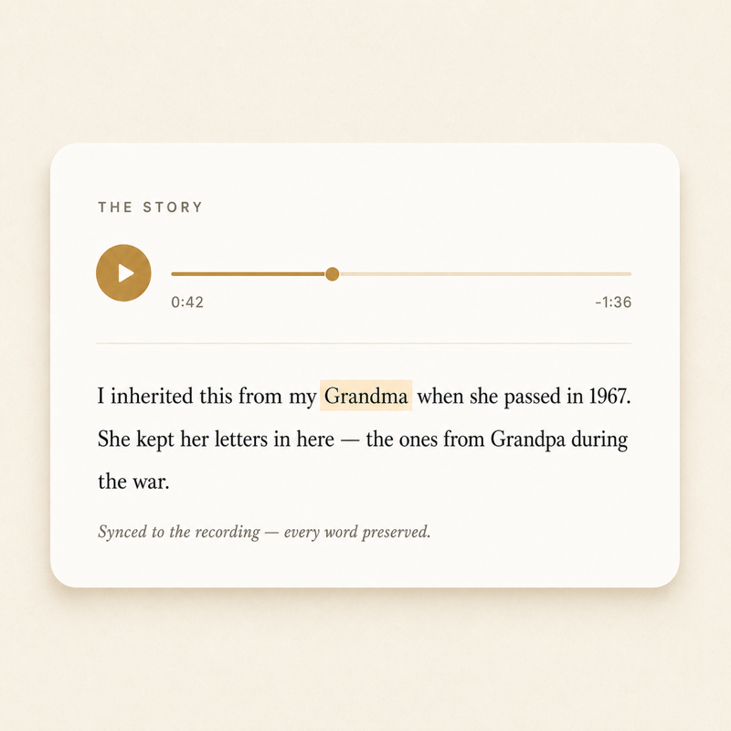 Audio recording playback with a synchronized transcript, the word "Grandma" highlighted as it plays